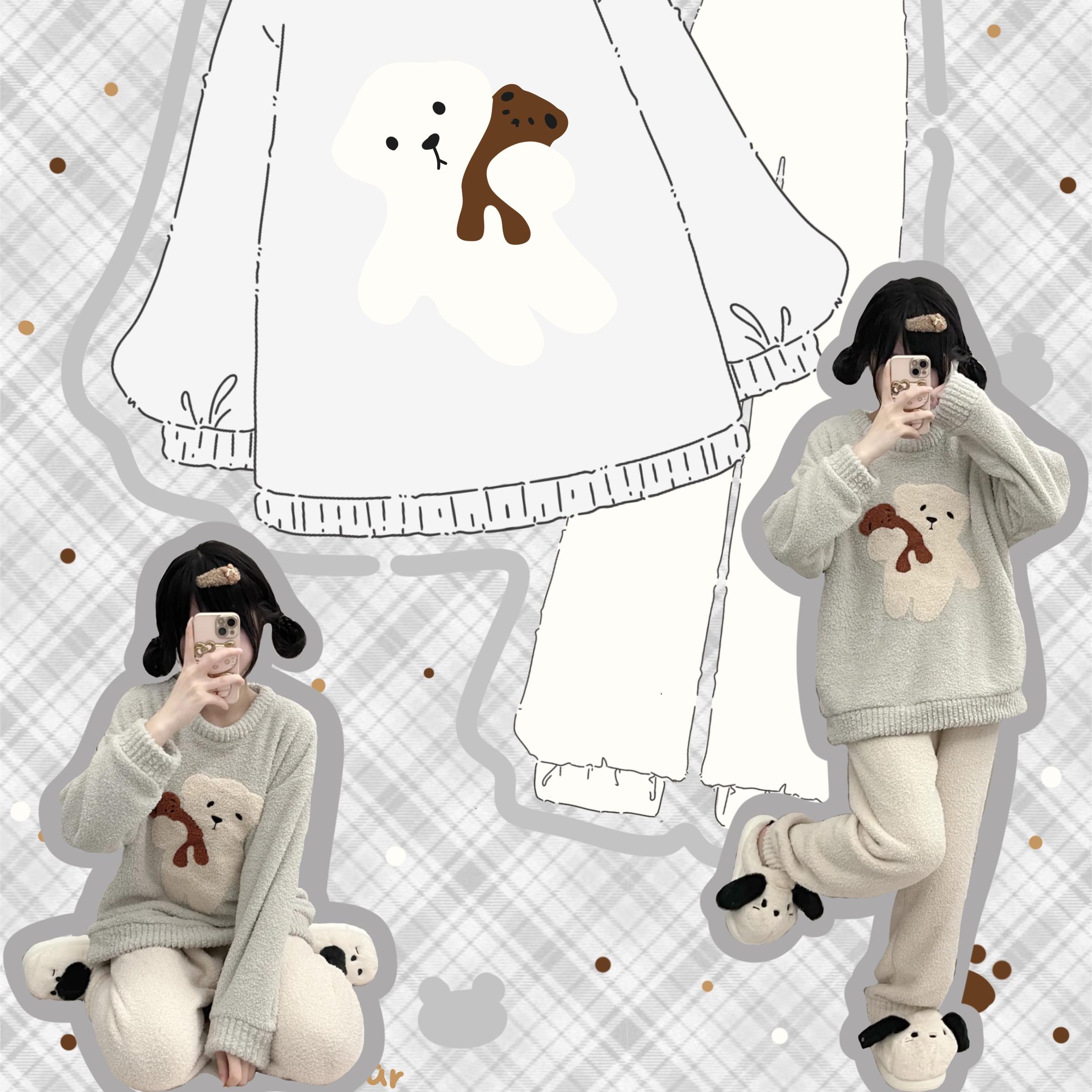 灰蓝小熊睡衣女冬季加绒加厚可爱少女卡通可ins外穿家居服套装