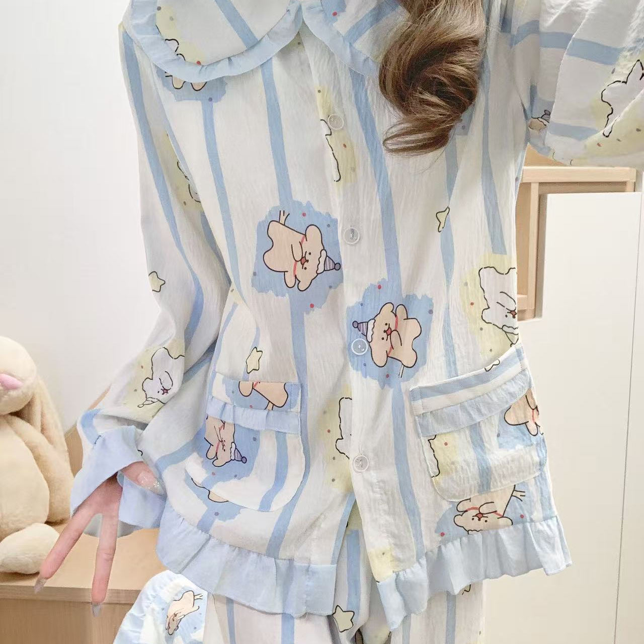 新款线条小狗卡通带胸垫云朵棉甜妹睡衣少女可爱学生宿舍可外穿