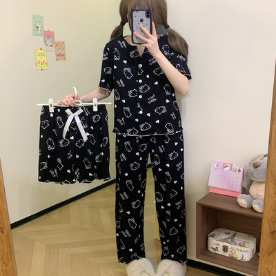 新款黑色kitty猫睡衣女莫代尔三件套宽松可外穿休闲ins卡通家居服