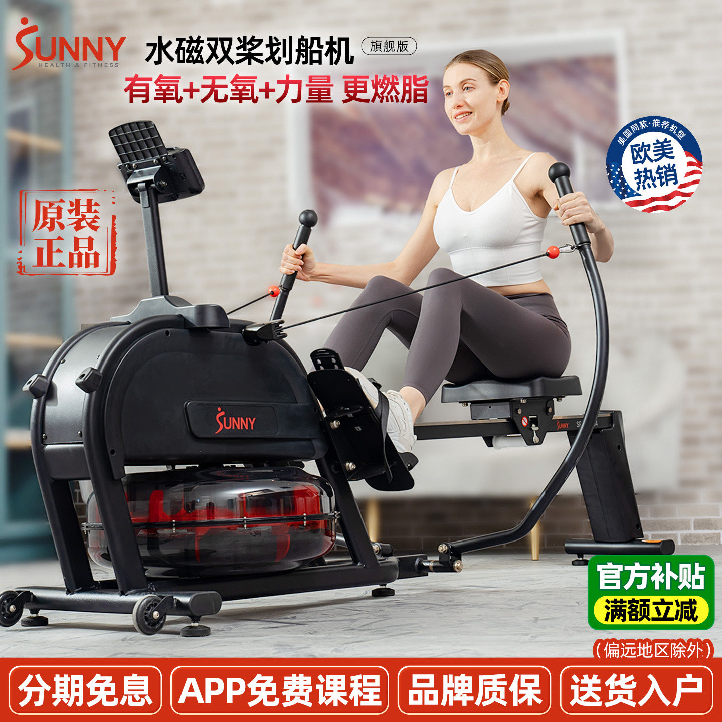 美国SUNNY划船机家用双桨健身器材智能水磁双阻静音有氧运动燃脂