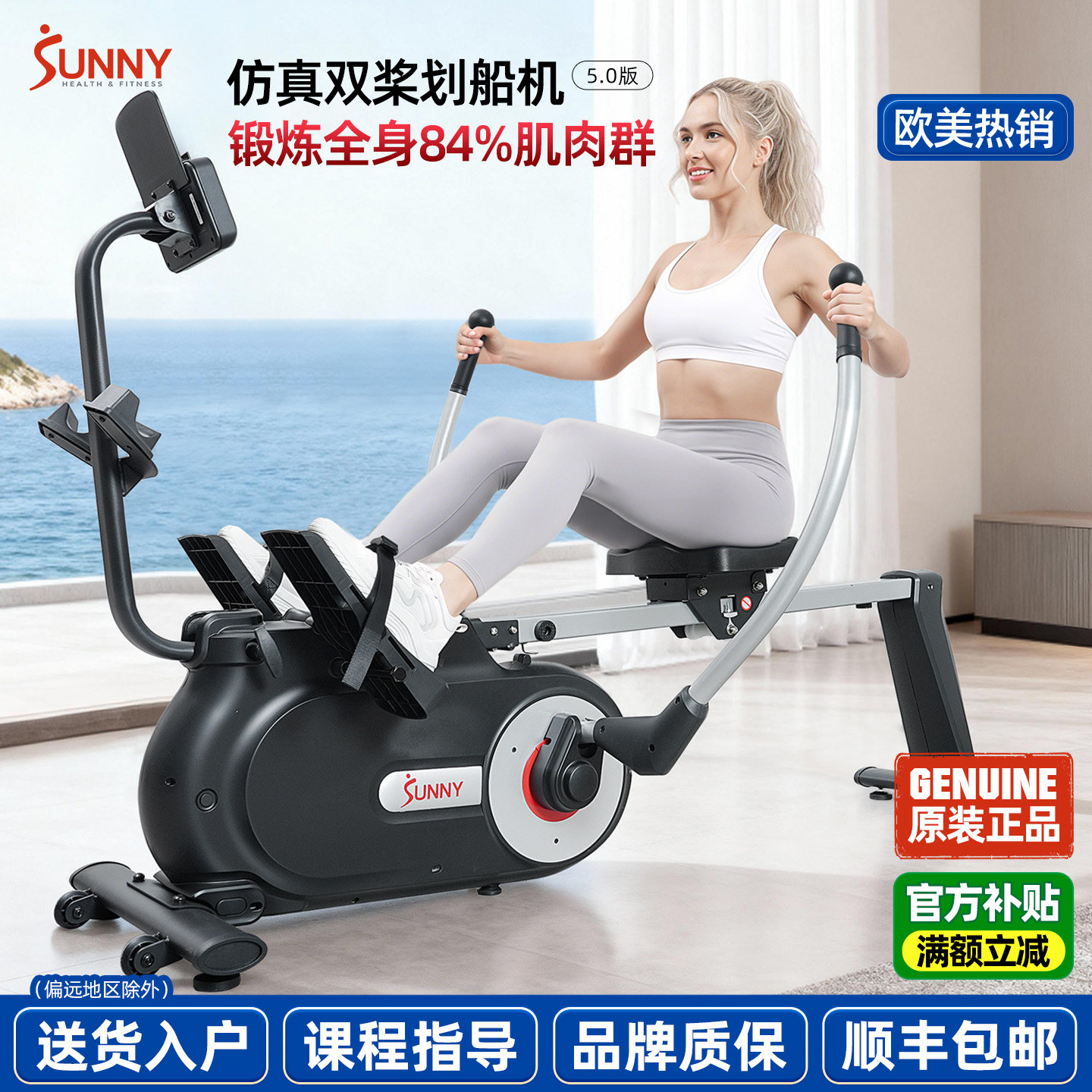 美国SUNNY双桨划船机家用健身器材室内减肥静音可折叠锻炼肩颈背