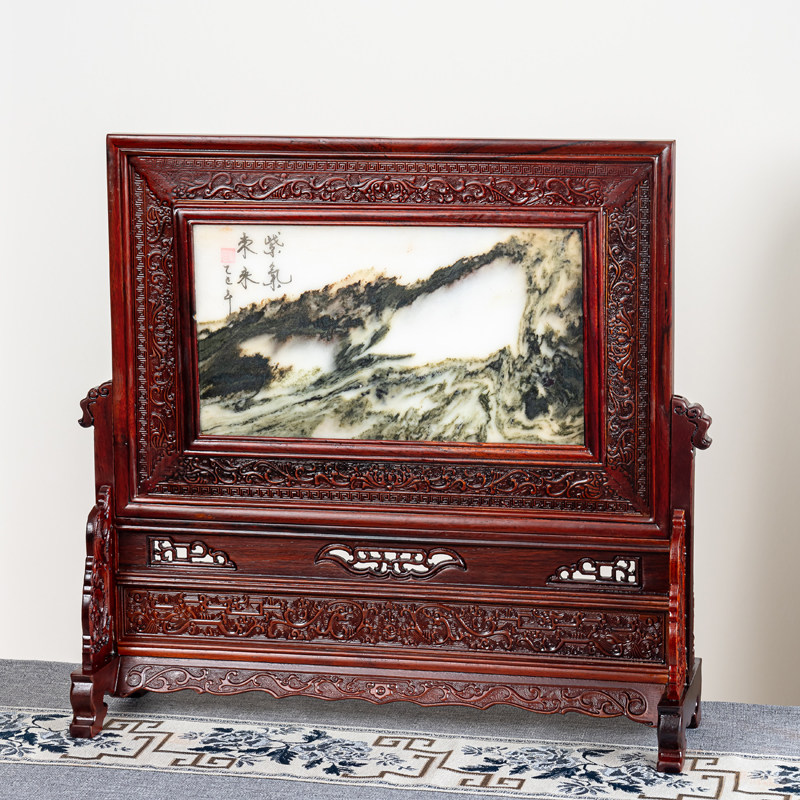 红木插屏中式嵌天然石台屏桌面收藏摆件大红酸枝工艺品屏风实木质,家居饰品,木雕,淘宝优惠券,粉丝福利购,淘宝优惠卷