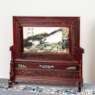 红木插屏中式嵌天然石台屏桌面收藏摆件大红酸枝工艺品屏风实木质