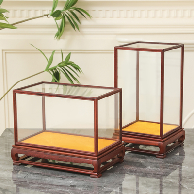 红木玻璃罩佛像花瓶古董文玩工艺品底座摆件透明防尘罩展示盒定制