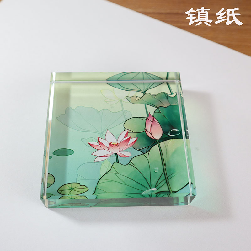 山水国画水晶镇纸定制荷花莲花文房四宝书法办公摆件商务伴手礼品