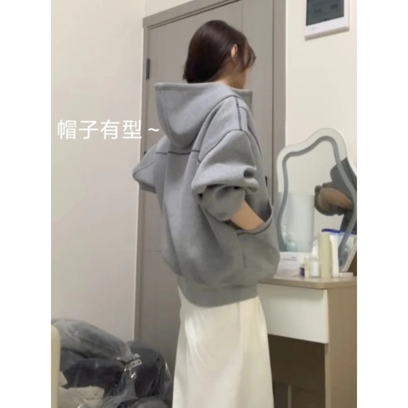 灰色连帽卫衣外套女开春加厚开衫2025新款韩系宽松棒球服初春