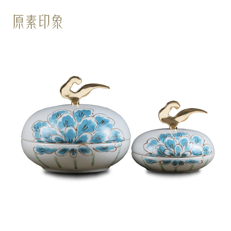 新中式陶瓷芙蓉储物罐摆件 样板房家居客厅茶几果盘 软装饰工艺品