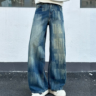 复古水洗手绘喷漆做旧弯刀牛仔裤 美式 男阔腿宽松百搭潮 ONG FLAME