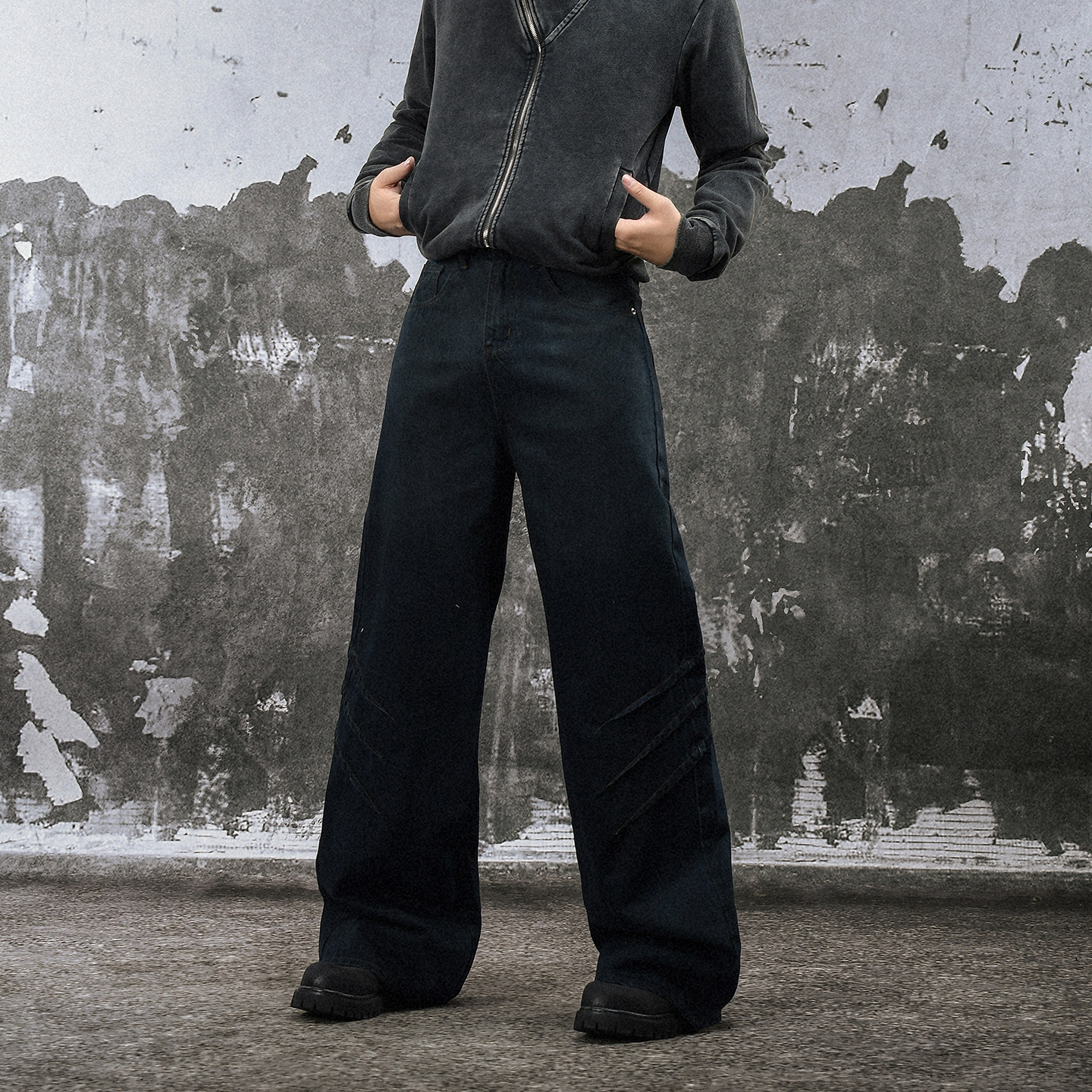 FLAME ONG 美式复古脏染废土风折边水洗做旧阔腿裤男宽松小众长裤,男装,牛仔裤,淘宝优惠券,粉丝福利购,淘宝优惠卷