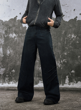 FLAME ONG 美式复古脏染废土风折边水洗做旧阔腿裤男宽松小众长裤