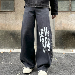 字母印花铆钉设计感弯刀牛仔裤 美式 男宽松百搭休闲潮 ONG FLAME