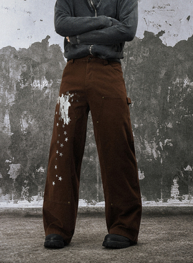 FLAME ONG 美式复古街头星星人物印花做旧休闲裤男宽松直筒阔腿潮