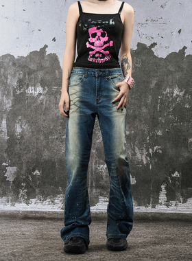 FLAME ONG 美式复古水洗泼墨脏染磨白猫须闪电纹牛仔裤男女宽松潮