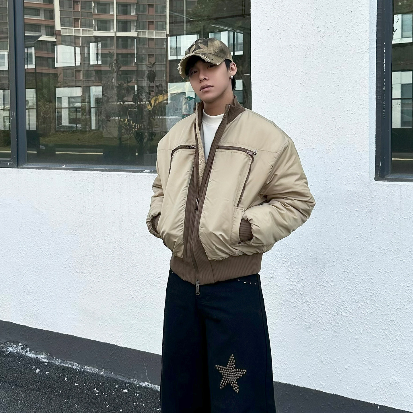 美式复古设计感立领棉服外套男潮