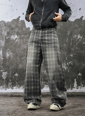 FLAME ONG 美式复古做旧格纹阔腿弯刀休闲裤男宽松百搭小众拖地裤