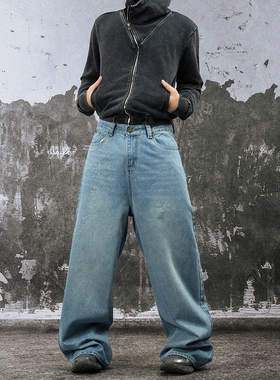 FLAME ONG 美式做旧水洗泼墨蓝烫钻个性街头牛仔裤男宽松休闲长裤