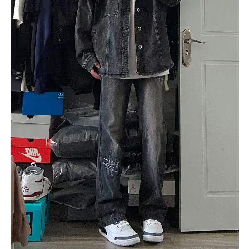 美式高街复古黑色牛仔裤男刺绣不规则泼墨阔腿宽松百搭直筒拖地裤高性价比高么？