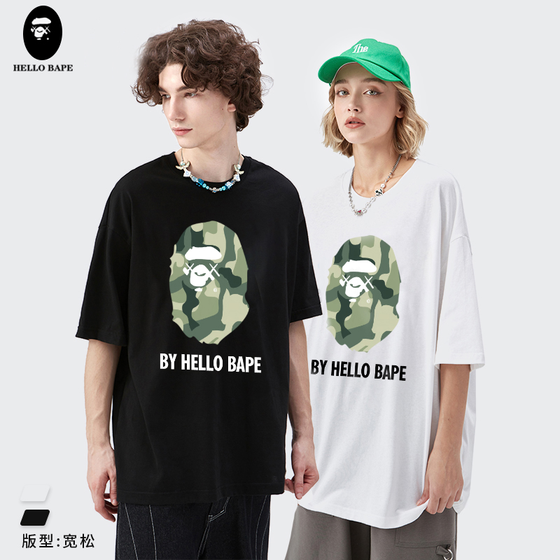 HELLO BAPE 联名短袖t恤男2022夏新款圆领五分袖宽松潮流衣服纯棉