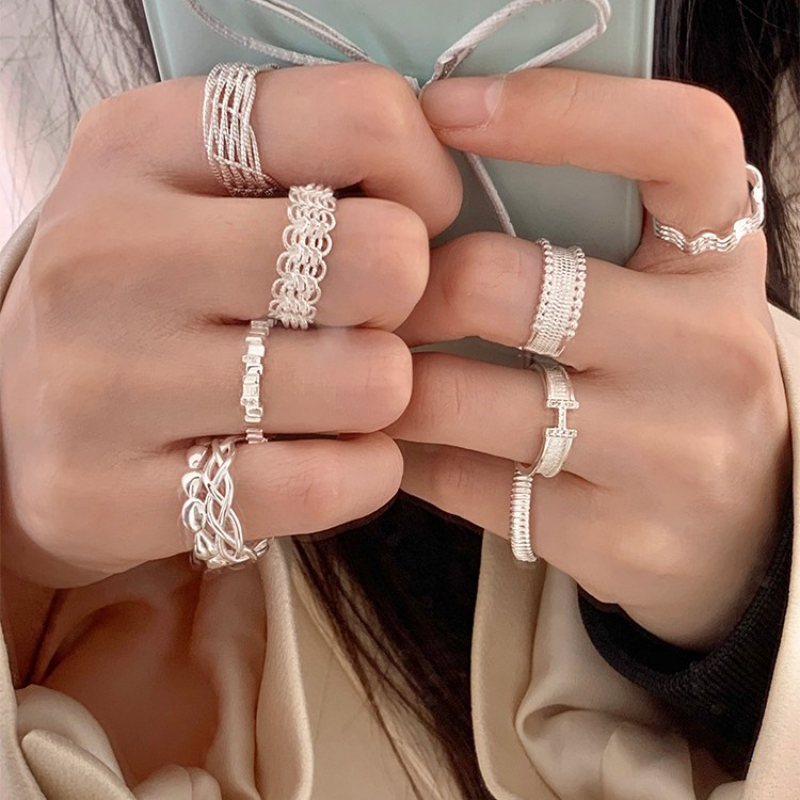 甄媛银饰韩版蕾丝几何宽面戒指女