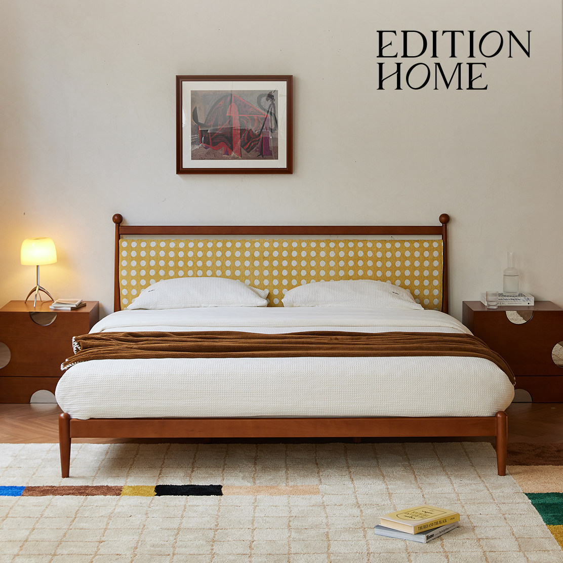 松木黄色波点中古高端主卧床1.8米双人法式复古新款实木布艺靠包