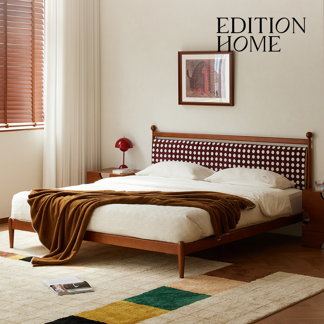 松木红色波点中古高端主卧床1米8双人法式复古2026新款布艺靠包