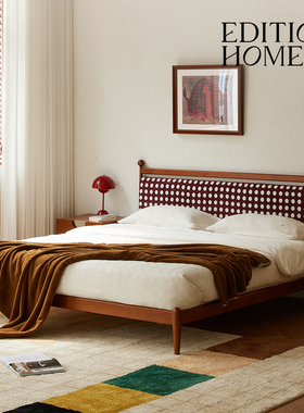 松木红色波点中古高端主卧床1米8双人法式复古2025新款布艺靠包床