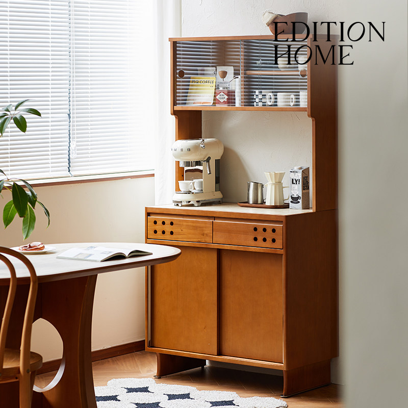 茶吧机餐边柜一体复古风实木小户型餐厅橱柜置物柜洞石岩板储物柜