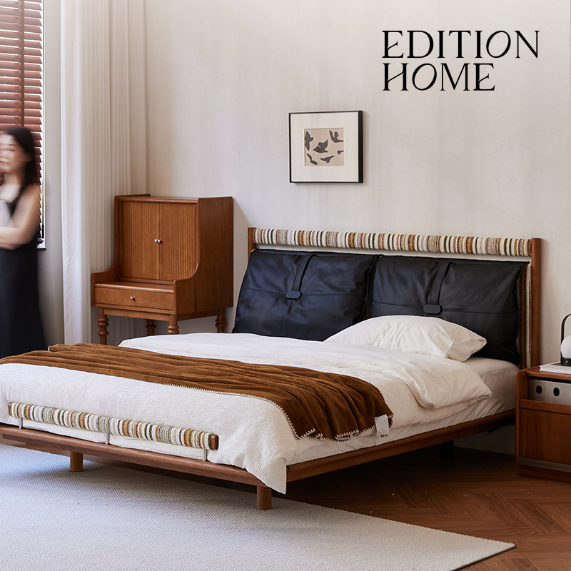 柏林床复古真皮软包床主卧1.8m大床高端大气头层牛皮双人床实木床