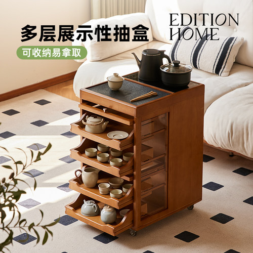 复古可移动茶水柜小型煮茶台茶具杯具收纳柜客厅可移动边柜茶几桌