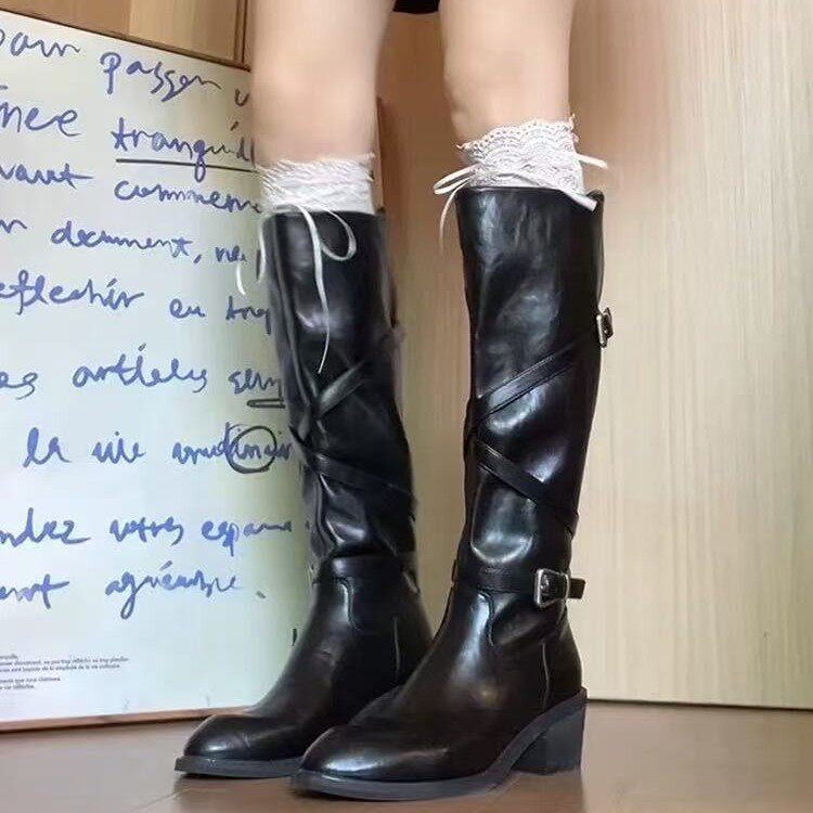 羊皮版~长腿5cm厚底交叉扣带不过膝长靴女褶皱粗跟高筒骑士靴