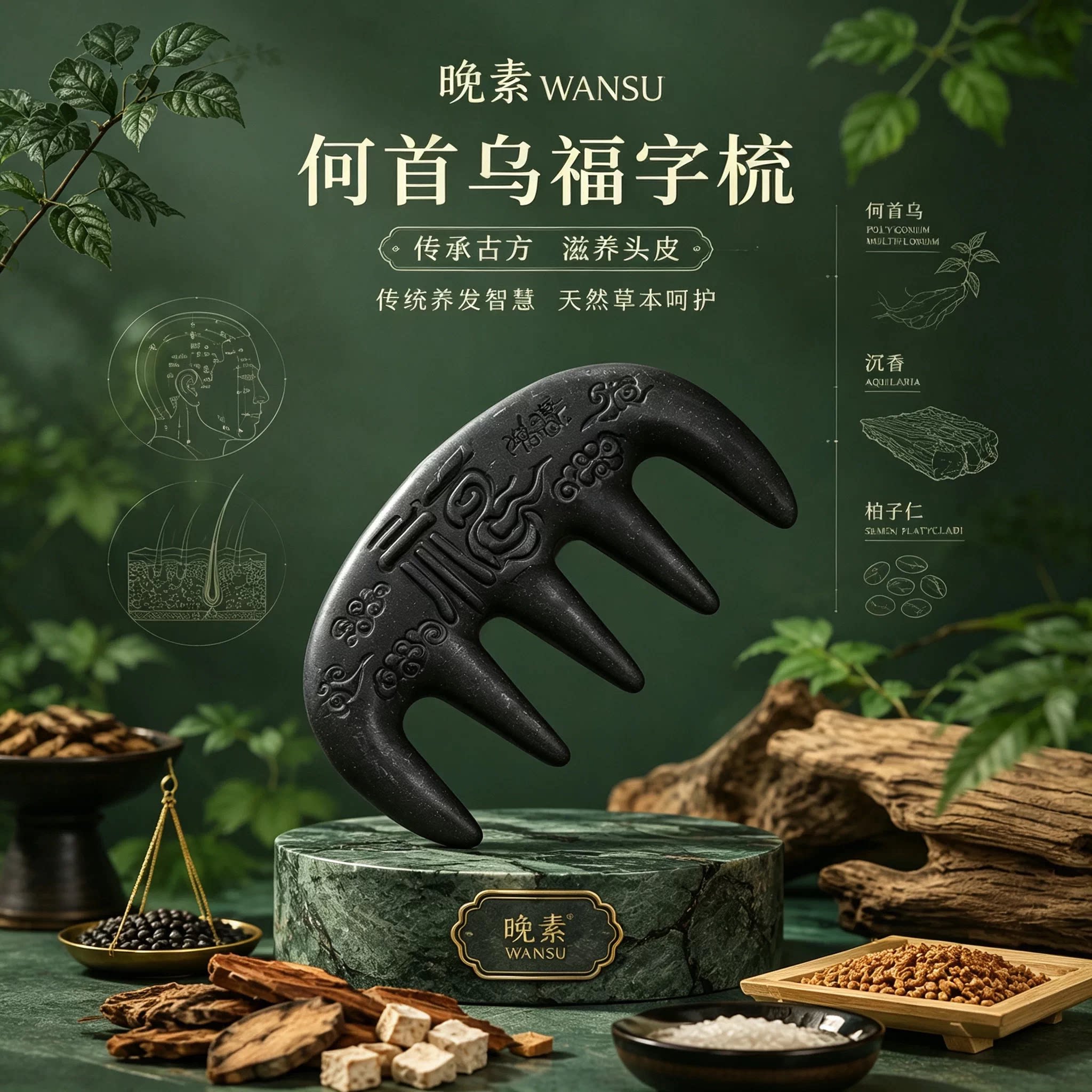 古法中药合香梳子何首乌侧柏叶养生黑色发防断发头部经络按摩梳子
