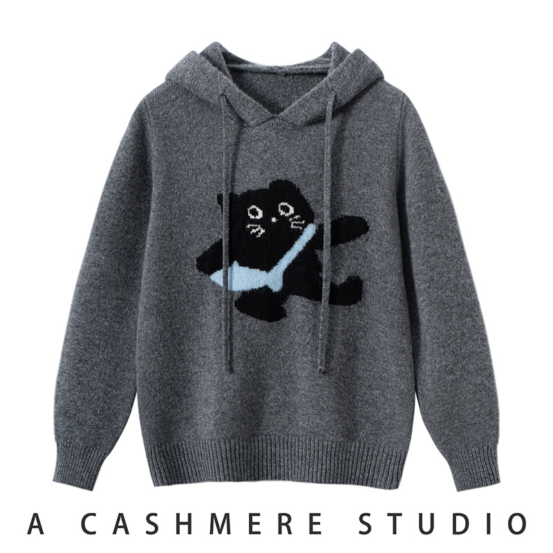 可爱风连帽卡通小猫儿童100%纯羊毛毛衣女灰色宽松针织衫秋冬上衣
