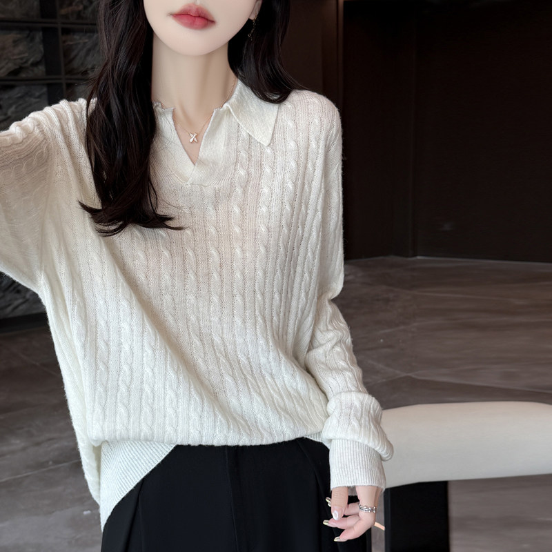 桑蚕丝羊绒POLO领羊毛针织衫女慵懒风宽松麻花毛衣打底衫
