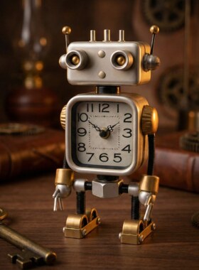 复古机器人闹钟工业风金属摆件高级感小众客厅装饰桌面时钟工艺品