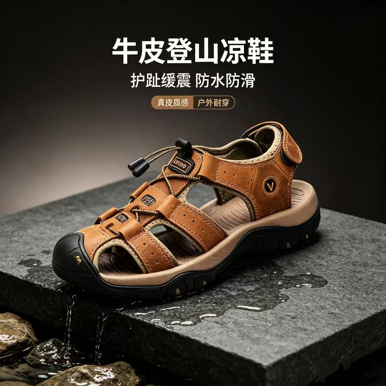 公牛男真皮包头防滑沙滩凉鞋图片