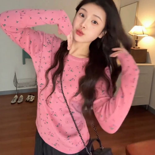 晚晚wanwan lei韩系碎花长袖T恤女秋小个子短款圆领内搭打底上衣