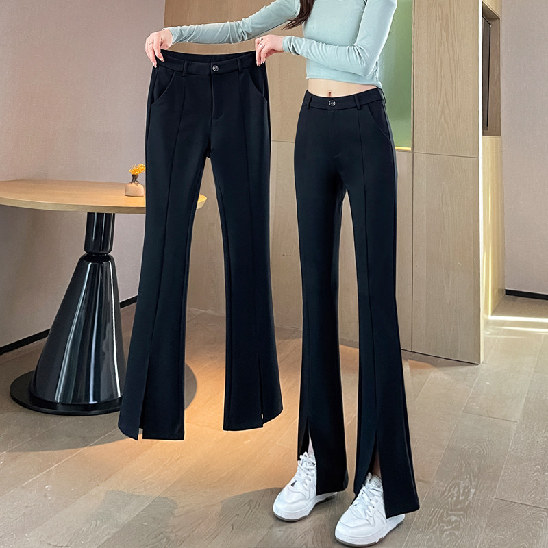 前开叉女夏季新款垂感女裤冰丝薄款显瘦黑色休闲微喇裤