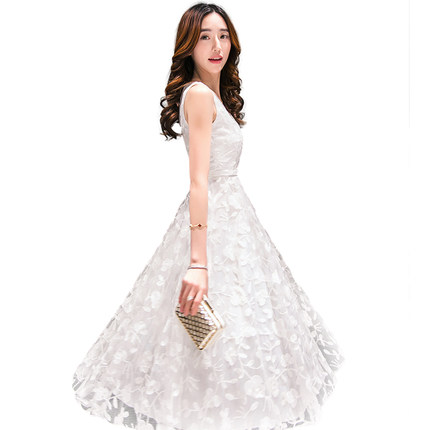 小清新网纱蕾丝连衣裙修身沙滩裙春夏季中长裙A字打底背心裙女