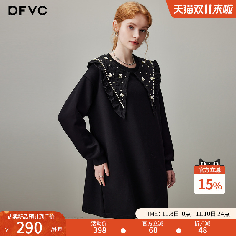 dfvc黑色休闲减龄娃娃领卫衣裙