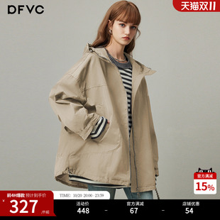 dfvc韩版中长款风衣外套女2026年秋季新款宽松连帽休闲工装上衣潮