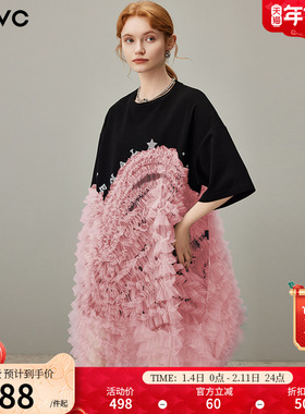 dfvc设计感短袖t恤裙女2025年夏季新款宽松连衣裙网纱拼接蛋糕裙