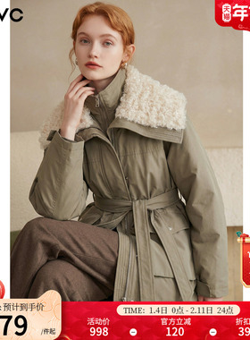 dfvc仿羊羔毛大翻领中长款羽绒服女2025冬季新款白鸭绒工装派克服