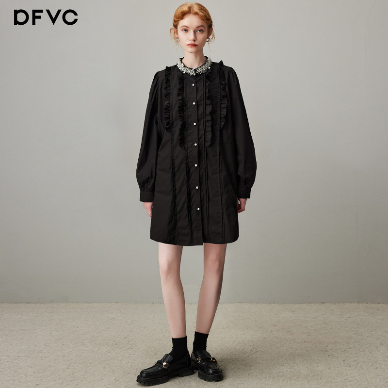 dfvc黑色纯棉长袖衬衫裙女2026年秋季新款钉珠木耳边显瘦连衣裙子