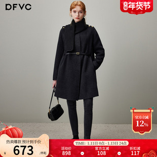dfvc韩系中长款羊毛呢外套女2025冬季新款围脖双面呢斗篷羊绒大衣