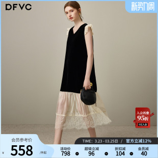 拼接V领背心长裙 新款 dfvc桑蚕丝真丝丝绒无袖 连衣裙女2026年春季