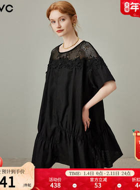 dfvc黑色亚麻绣花镂空连衣裙女2025年夏季新款抽褶小个子宽松裙子