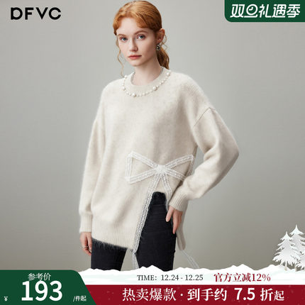 dfvc米色慵懒风圆领毛衣女2025年冬季新款设计感开叉宽松针织衫厚