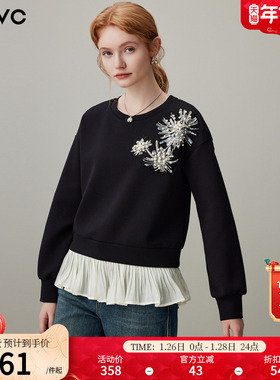 dfvc黑色休闲短款圆领套头卫衣女2025年冬季新款荷叶边小个子上衣