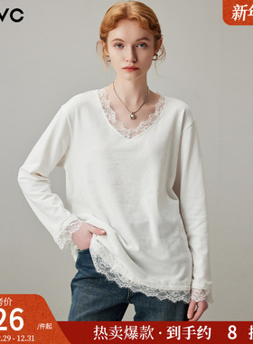 dfvc白色蕾丝拼接V领长袖T恤女2025年秋季新款低领宽松内搭打底衫