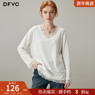 低领宽松内搭打底衫 dfvc白色蕾丝拼接V领长袖 T恤女2025年秋季 新款